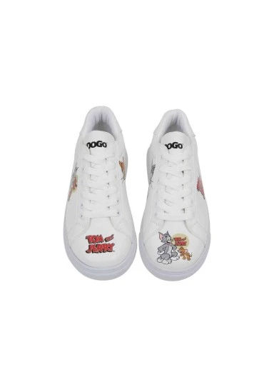 Women Vegan Leather White Sneakers - Warner Bros Tom ve Jerry Design - 