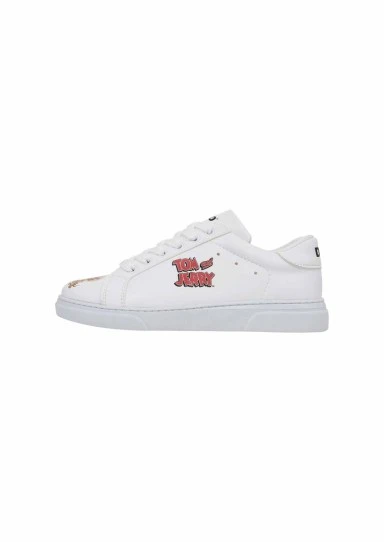 Women Vegan Leather White Sneakers - Warner Bros Tom ve Jerry Design - 