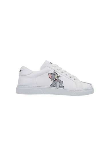 Women Vegan Leather White Sneakers - Warner Bros Tom ve Jerry Design - 