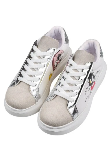 Women Vegan Leather White Sneakers - Warner Bros Tweety Sylvester Puddy Tat Design - 