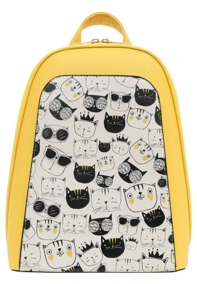 Women Vegan Leather Yellow Backpack - Monochrome Cats Design - 