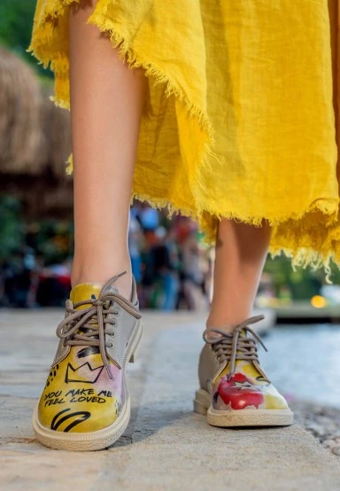 Women Vegan Leather Yellow Casual Shoes - The Creation of the Collage Design - 