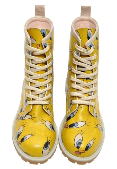 Women Vegan Leather Yellow Long Boots - Warner Bros Tweety in Yellow Design - 