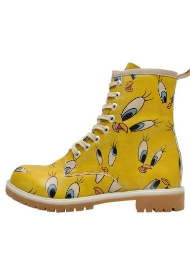 Women Vegan Leather Yellow Long Boots - Warner Bros Tweety in Yellow Design - 