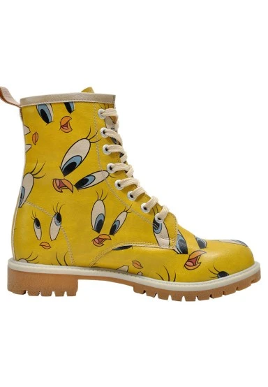 Women Vegan Leather Yellow Long Boots - Warner Bros Tweety in Yellow Design - 