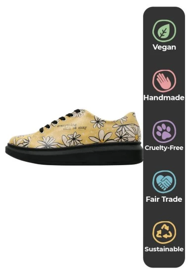 Women Vegan Leather Yellow Sneakers - Everything will be Okay Design - 