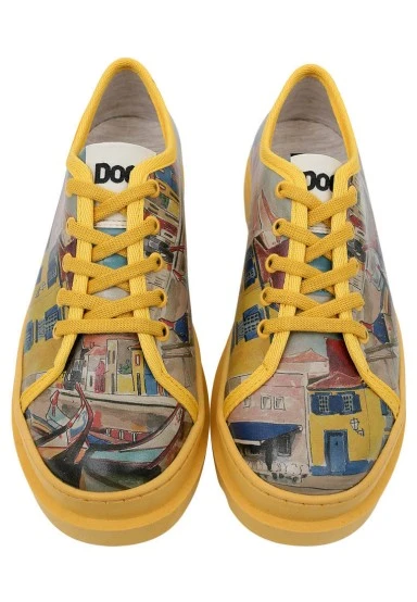 Women Vegan Leather Yellow Sneakers - Sunsets and Silhouettes Design - 