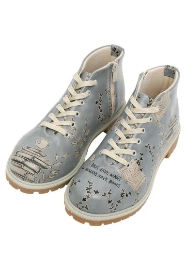 Women Vegan Leather Blue Ankle Boots - Birds Have Wings Design - 