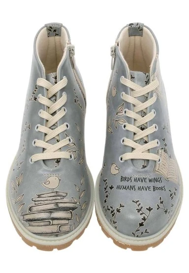 Women Vegan Leather Blue Ankle Boots - Birds Have Wings Design - 