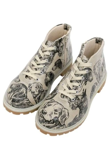 Women Vegan Leather Beige Ankle Boots - The Life Of Dogs Design - 