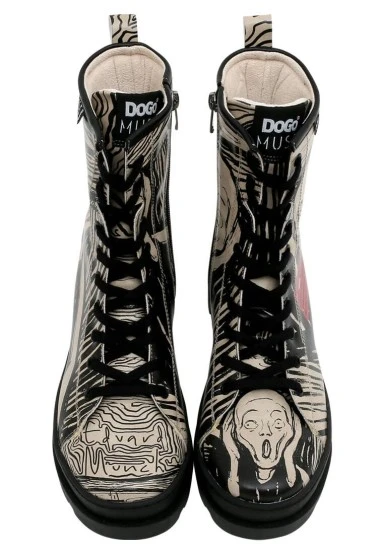Women Vegan Leather Black Zipper Long Boots - Edvard Munch The Scream Muse Design - 