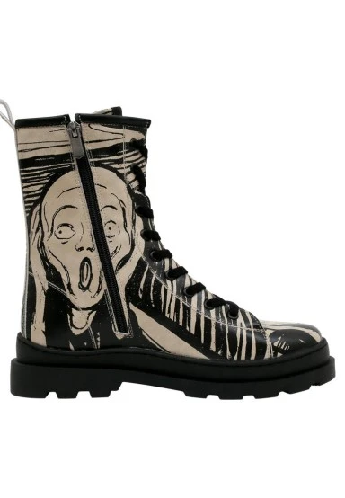 Women Vegan Leather Black Zipper Long Boots - Edvard Munch The Scream Muse Design - 