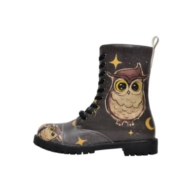 Women Vegan Leather Black Zipper Long Boots - Owls Family Design - 