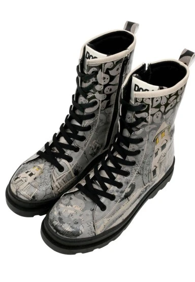 Women Vegan Leather Gray Zipper Long Boots - Spooky Town Design - 
