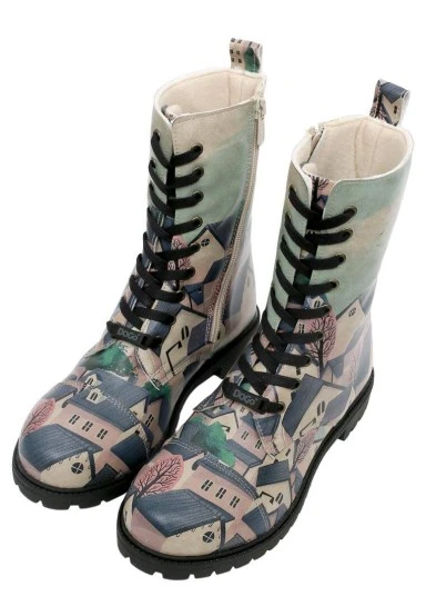 Women Vegan Leather Multicolor Long Boots - Buildings Design - 