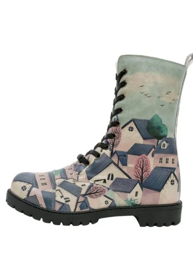 Women Vegan Leather Multicolor Long Boots - Buildings Design - 