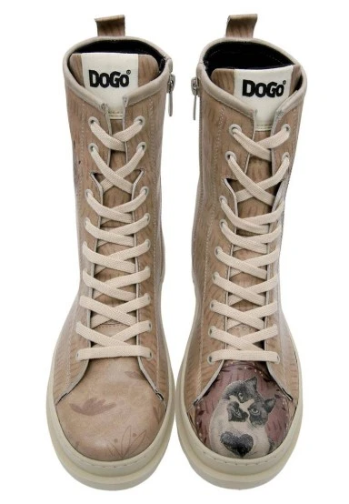 Women Vegan Leather Beige Zipper Long Boots - Heart Cat Design - 