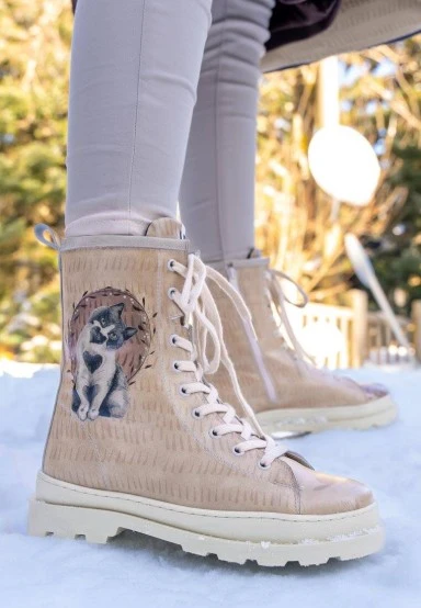 Women Vegan Leather Beige Zipper Long Boots - Heart Cat Design - 