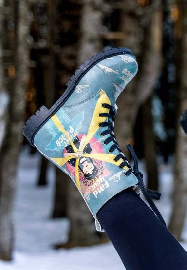 Women Vegan Leather Blue Zipper Long Boots - Find Your Inner Peace Design - 