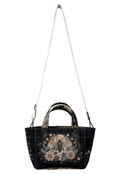 Women Vegan Leather Anthracite Medium Tote Bag - Bee with Flowers Design - 