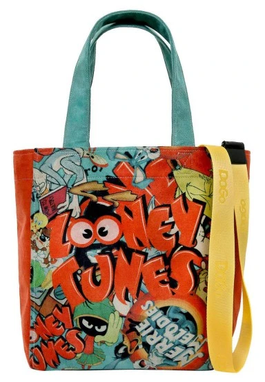 Women Vegan Multicolor Large Tote Bag - Warner Bros The Toon Parade Design - 