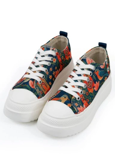 Women Vegan Multicolor Platform Sneakers - Garden Birds Design - 