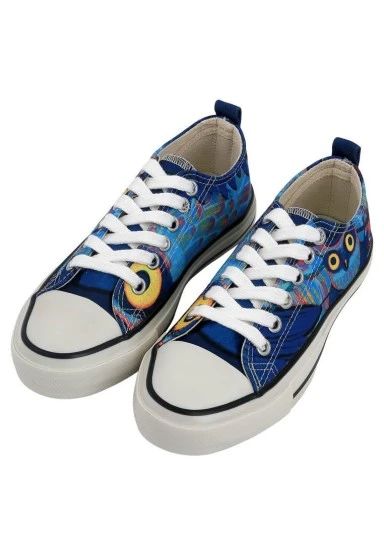Women Vegan Navy Sneakers - Feathers of the Owl Design - 