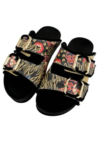 Women Vegan Orange Slippers - Ethnic Floral Design - 