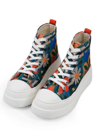 Women Vegan Multicolor Platform High Sneakers - Blossom Hug Design - 