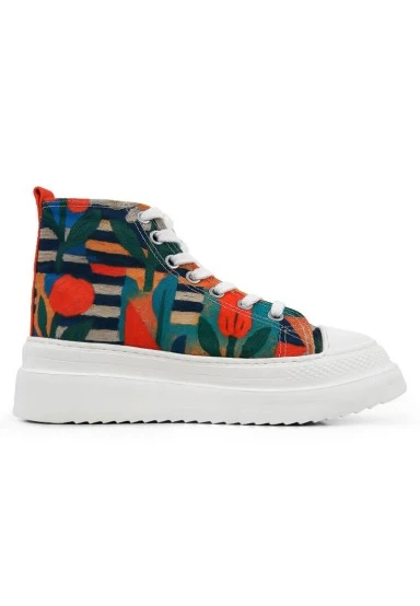 Women Vegan Multicolor Platform High Sneakers - Blossom Hug Design - 
