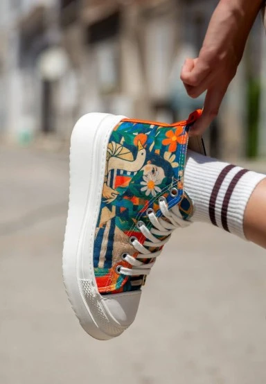Women Vegan Multicolor Platform High Sneakers - Blossom Hug Design - 