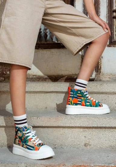 Women Vegan Multicolor Platform High Sneakers - Blossom Hug Design - 