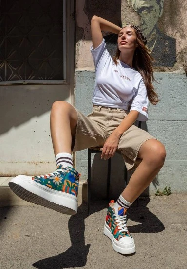 Women Vegan Multicolor Platform High Sneakers - Blossom Hug Design - 