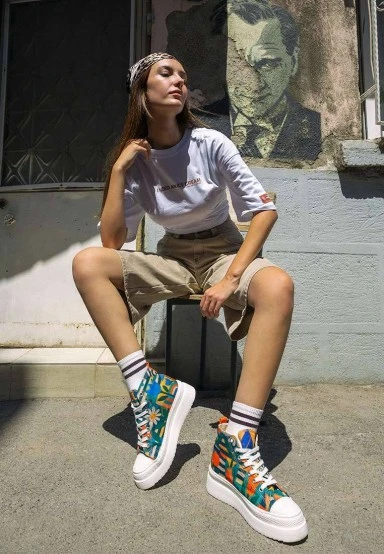 Women Vegan Multicolor Platform High Sneakers - Blossom Hug Design - 