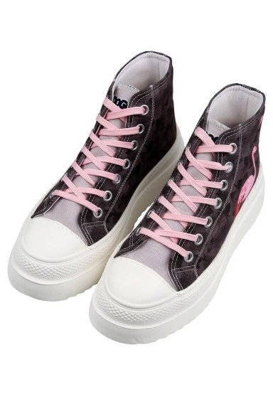 Women Vegan Brown Platform High Sneakers - Brown Tropical Design - 