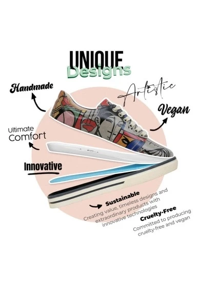 Kadın Vegan Deri Gri Sneakers - Cubic Faces Tasarım - 