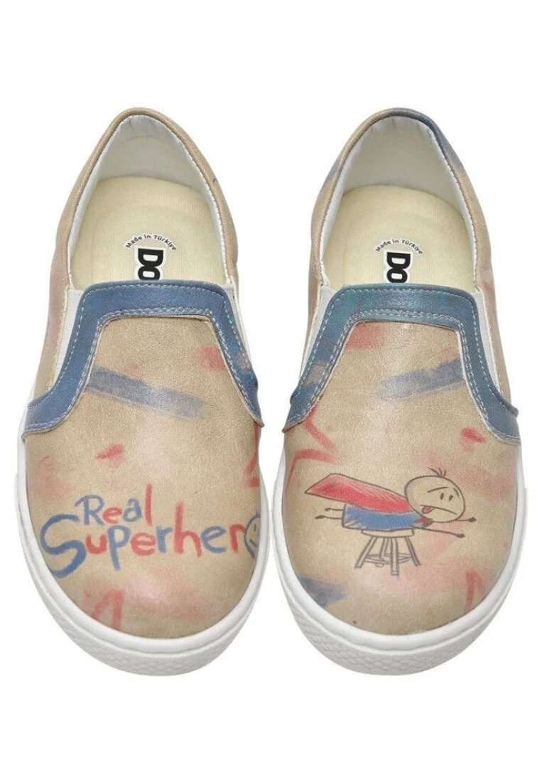 Çocuk Vegan Deri Bej Bağcıksız Sneakers - Superhero Boys Tasarım