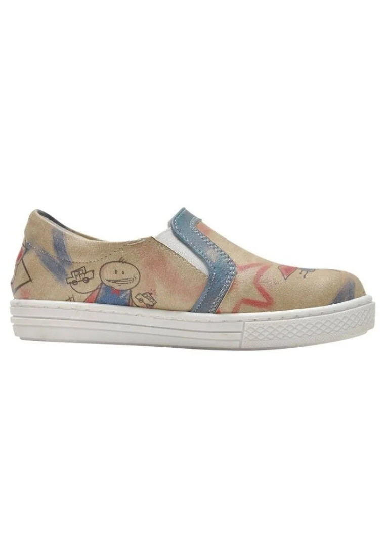 Çocuk Vegan Deri Bej Bağcıksız Sneakers - Superhero Boys Tasarım