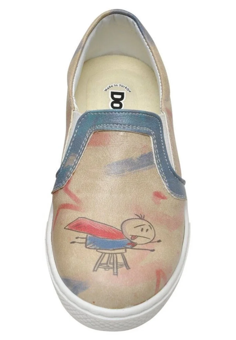 Çocuk Vegan Deri Bej Bağcıksız Sneakers - Superhero Boys Tasarım