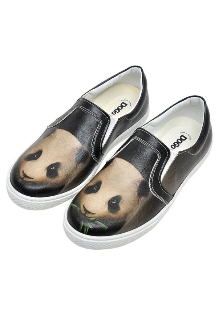 Çocuk Vegan Deri Siyah Bağcıksız Sneakers - Panda Tasarım