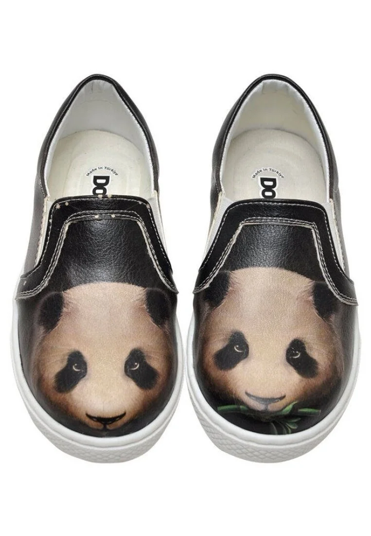 Çocuk Vegan Deri Siyah Bağcıksız Sneakers - Panda Tasarım