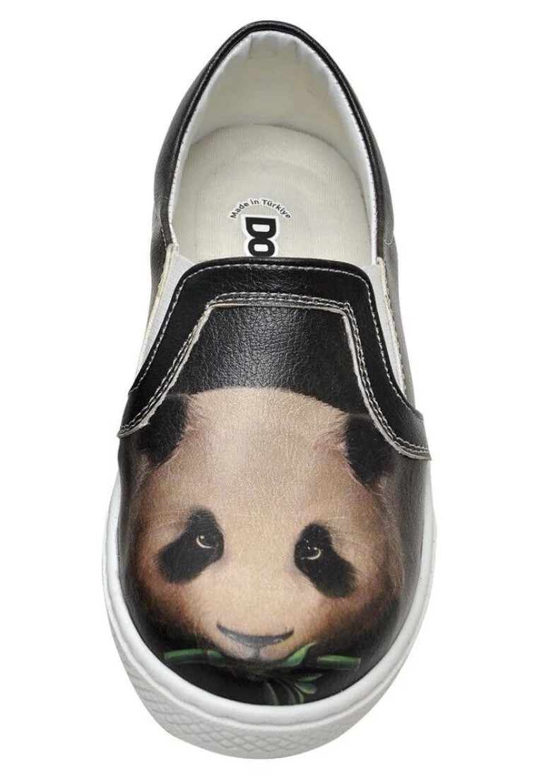 Çocuk Vegan Deri Siyah Bağcıksız Sneakers - Panda Tasarım