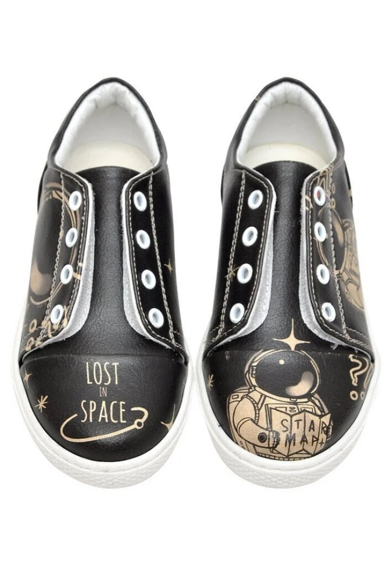 Çocuk Vegan Deri Siyah Bağcıksız Sneakers - Can't Find a Way Tasarım
