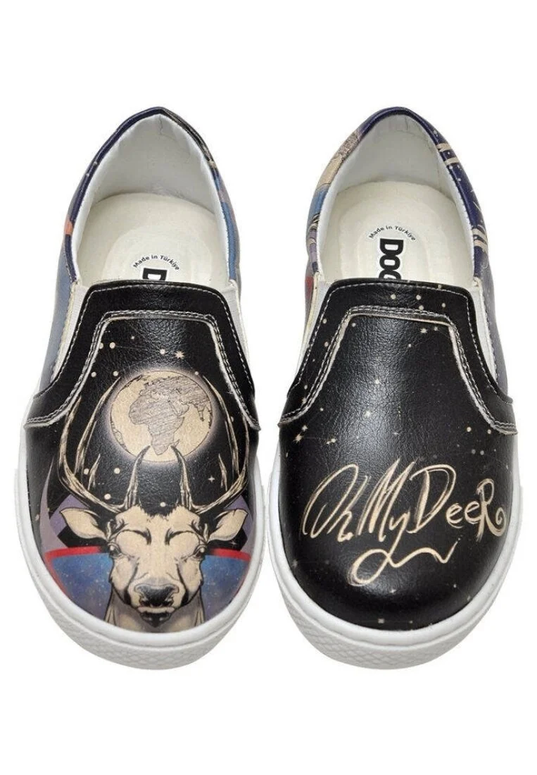 Enfants Cuir Vegan Noir Baskets à Enfiler - Oh My Deer Motif