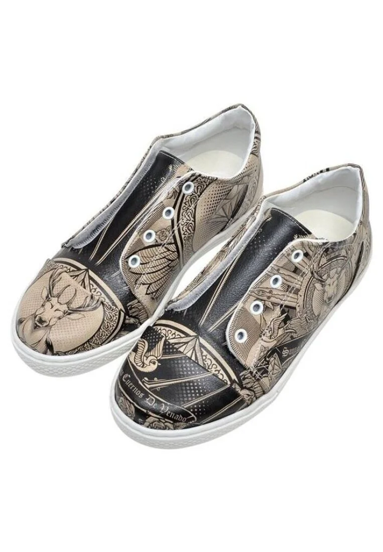 Enfants Cuir Vegan Noir Baskets à Enfiler - Cuernos De Venado Motif