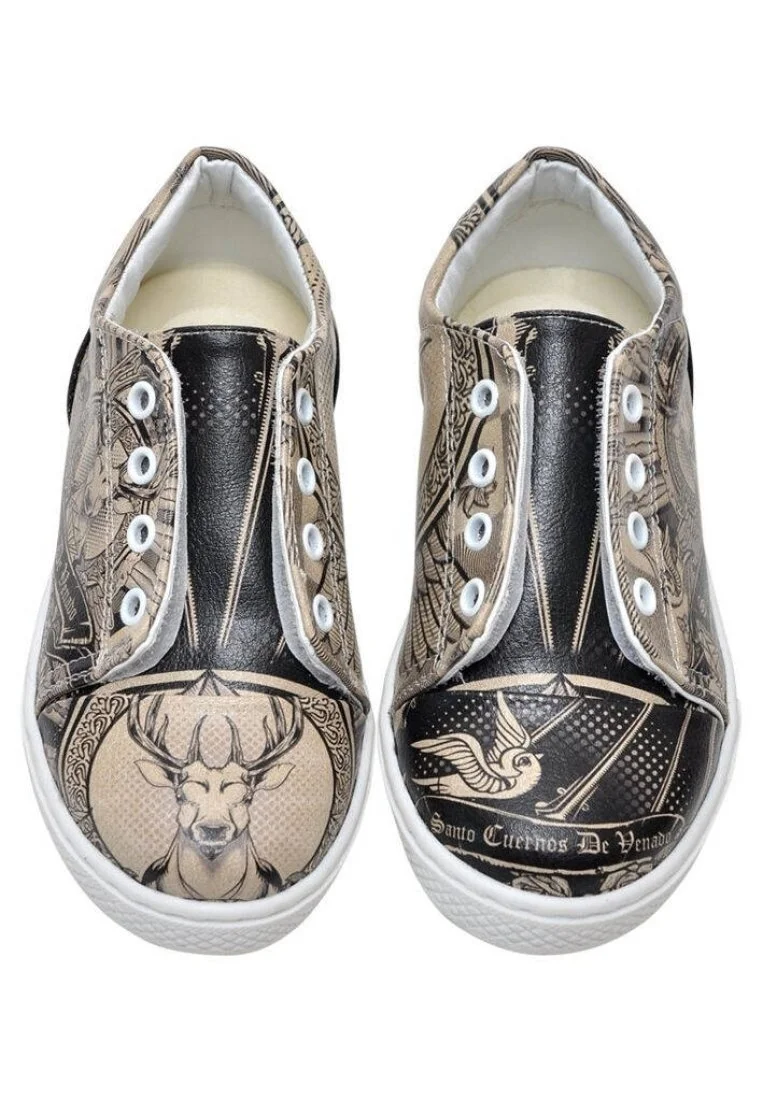 Enfants Cuir Vegan Noir Baskets à Enfiler - Cuernos De Venado Motif