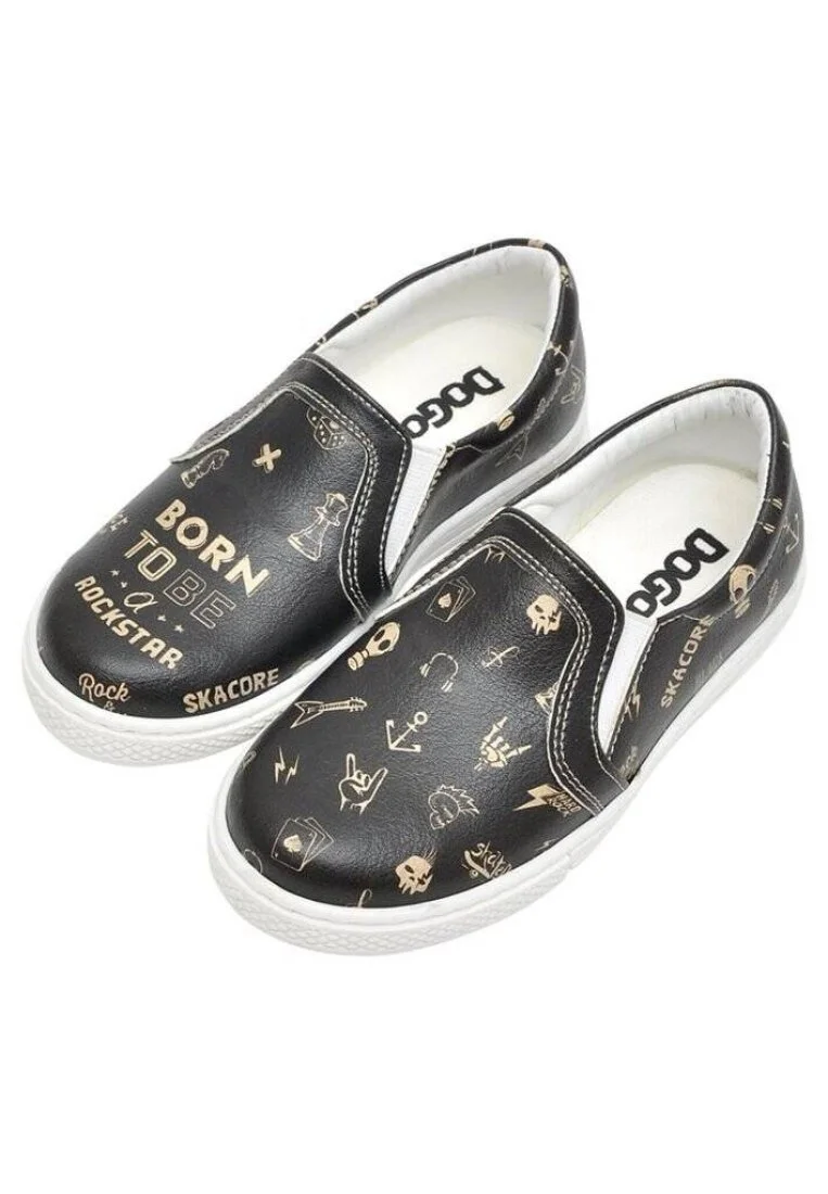 Enfants Cuir Vegan Noir Baskets à Enfiler - Born to be a Rockstar Motif