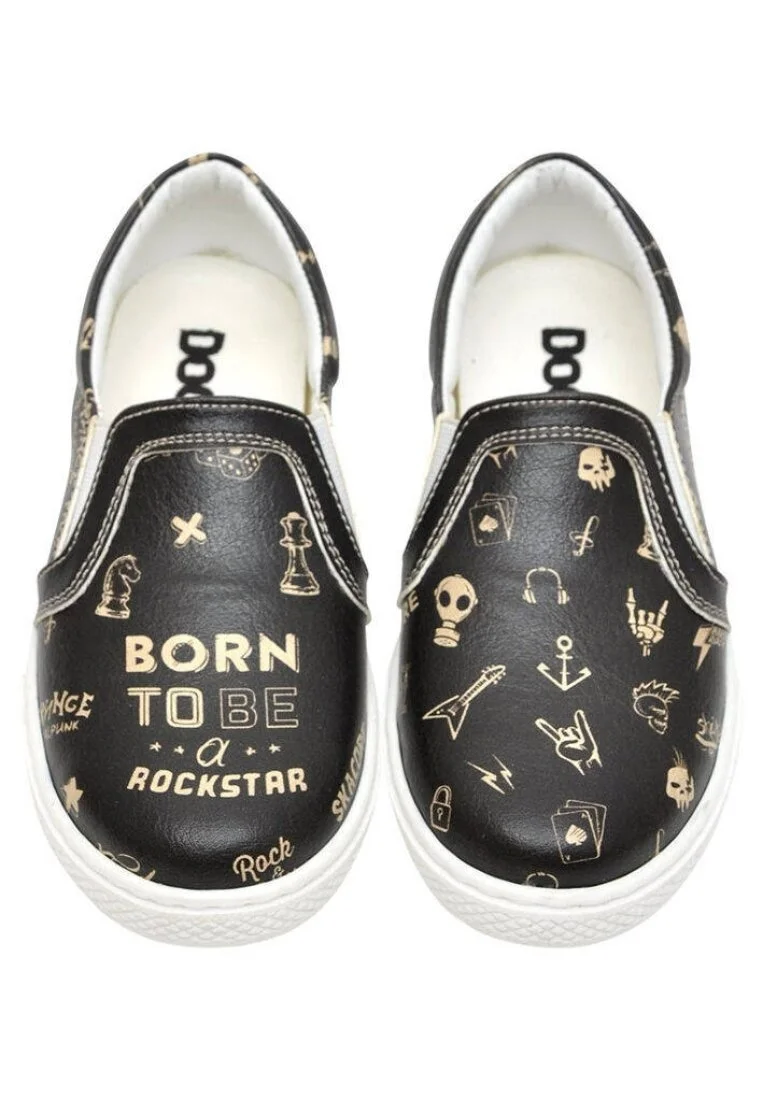 Enfants Cuir Vegan Noir Baskets à Enfiler - Born to be a Rockstar Motif