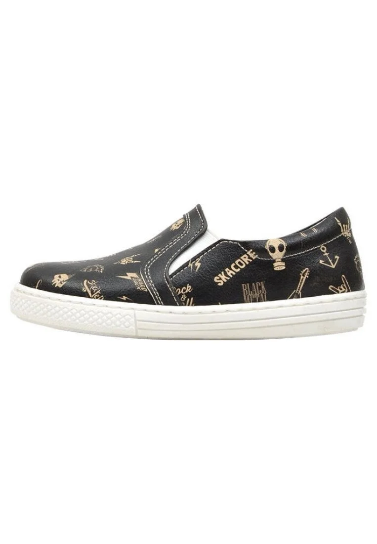 Enfants Cuir Vegan Noir Baskets à Enfiler - Born to be a Rockstar Motif