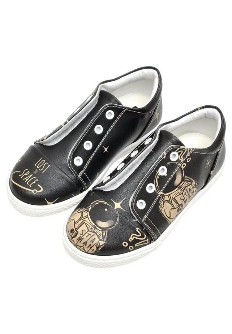 Enfants Cuir Vegan Noir Baskets à Enfiler - Can't Find a Way Motif